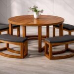 Solid Wood Round Coffee Table Set with 4 Cushioned Stools | Space Saving Nesting Table | Modern Living Room Furniture | Dining & Center Table Combo