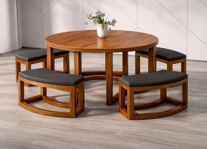 514kEVOCpUL._SX679_ Solid Wood Round Coffee Table Set with 4 Cushioned Stools | Space Saving Nesting Table | Modern Living Room Furniture | Dining & Center Table Combo - Image 1