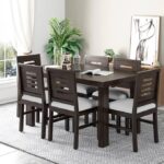 Solid Wood 6 Seater Dining Table Set with Cushioned Chairs | Modern Rectangular Dining Table for Home & Kitchen (Natural Walnut Finish)