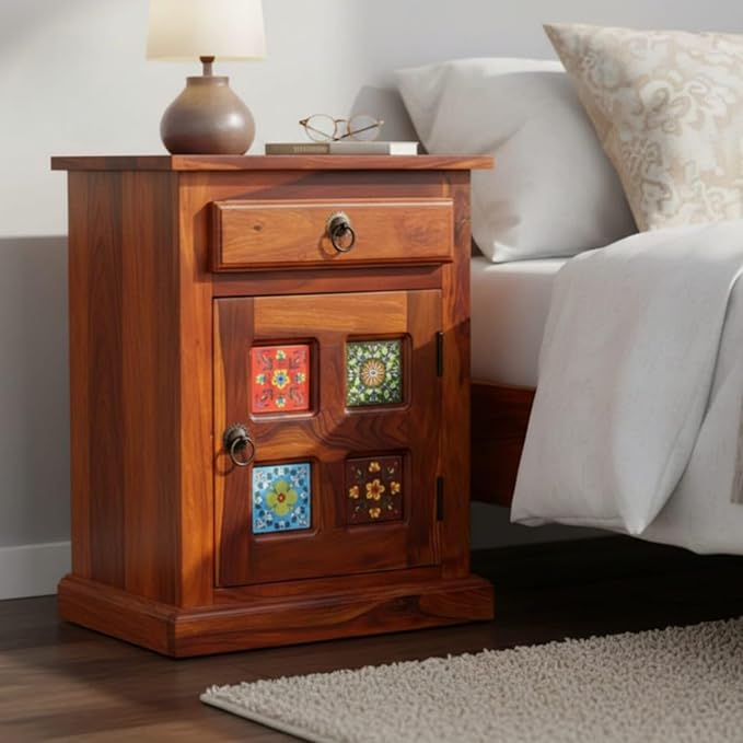 61l17PKm0fL._SX679_ Indian Rosewood (Sheesham) Bedside Table | Solid Wood Nightstand with Drawer & Cabinet Storage | Handcrafted Ceramic Tile Wooden Side Table | Bedroom Furniture | Brown - Image 1