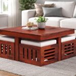 Solid Wood Coffee Table Set with 4 Cushioned Stools | Space Saving Center Table for Living Room | Modern Wooden Furniture