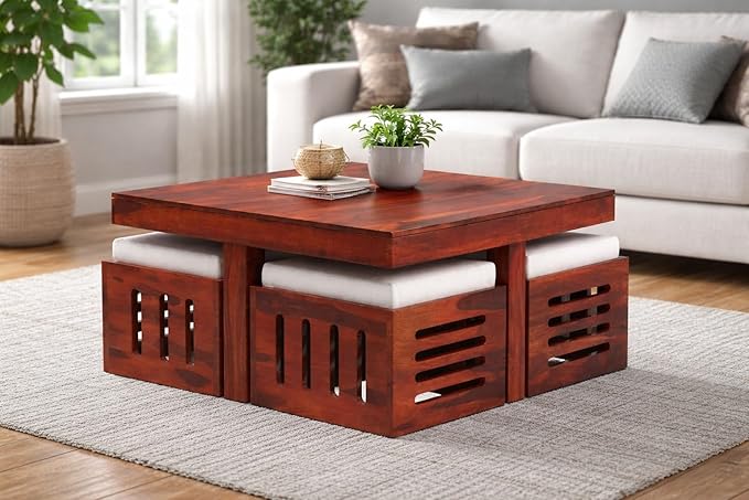 712Br8jBAiL._SX679_ Solid Wood Coffee Table Set with 4 Cushioned Stools | Space Saving Center Table for Living Room | Modern Wooden Furniture - Image 1