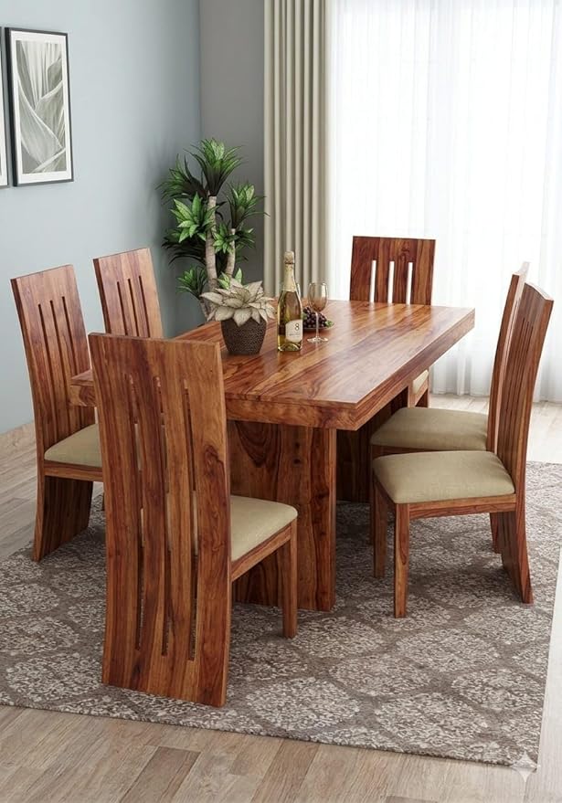 712juCIJ01L._SY879_ Solid Sheesham Wood 6 Seater Dining Table Set with Cushion Chairs | Wooden Dining Table Set | Modern Furniture for Home & Dining Room (Brown Finish) - Image 1