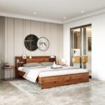 Solid Wood Bed with Storage Headboard | Modern Double Bed Frame with Shelves | Strong & Durable Wooden Bed for Bedroom | Premium Finish Furniture