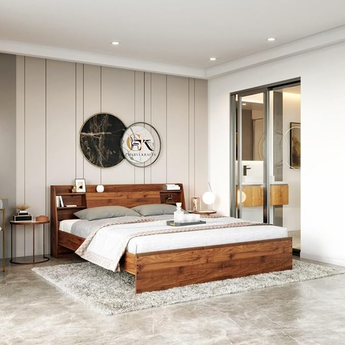 71Bbav5JjDL._SX679_ Solid Wood Bed with Storage Headboard | Modern Double Bed Frame with Shelves | Strong & Durable Wooden Bed for Bedroom | Premium Finish Furniture - Image 1
