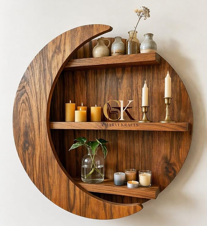 71Rjla3x8xL._SX679_ Wooden Moon Wall Shelf | Decorative Wall Mounted Shelves for Living Room | Solid Wood Wall Holder for Home Decor - Image 1
