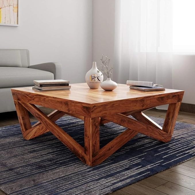 71tU8-U9m-L._SX679_ Solid Sheesham Wood Coffee Table for Living Room | Modern Square Center Table with Cross Leg Design | Wooden Tea Table for Home & Office - Image 1