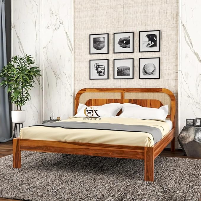 81Xo2OkXTrL._SX679_ Solid Wood Bed with Cane Headboard | Modern Designer Double Bed Frame | Strong & Durable Wooden Cot for Bedroom Furniture | Premium Finish - Image 1